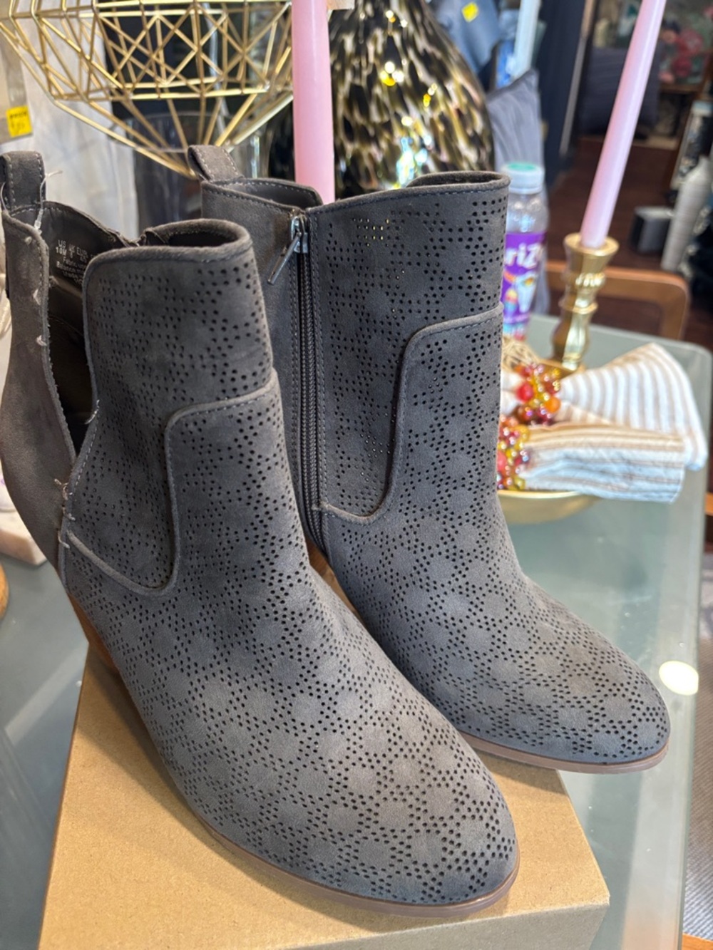 Carlos Santana Gray Perforated Suede Ankle Booties